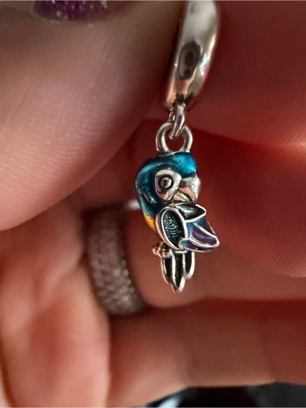 Pandora Teal and Purple Parrot Dangle Charm